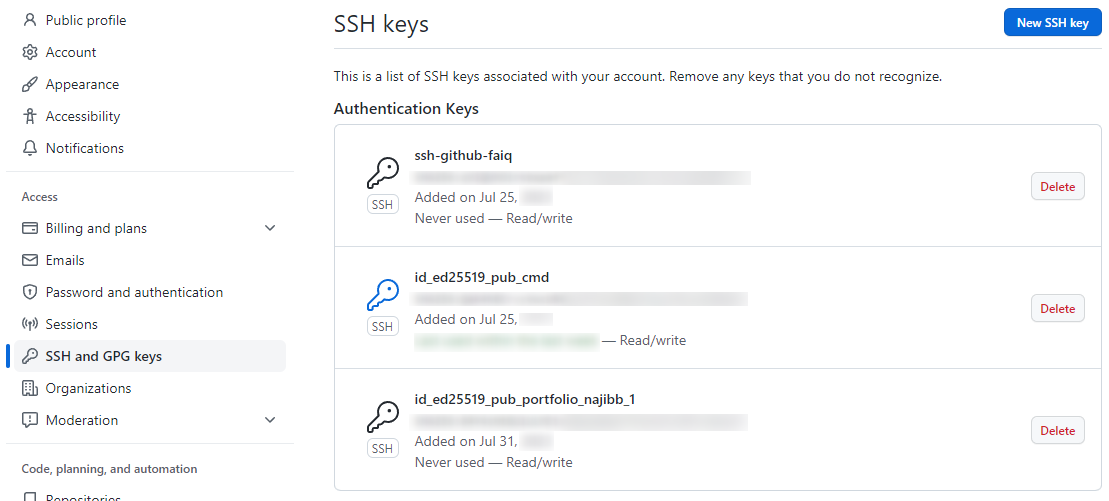 ssh key settings on GitHub account