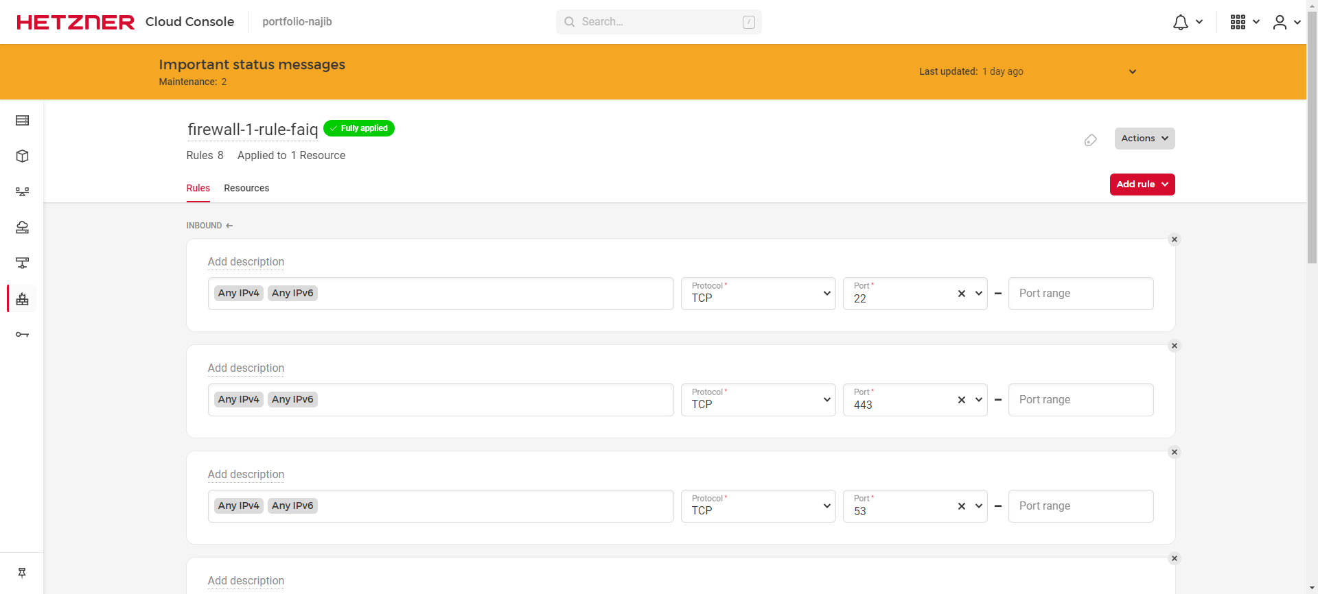 Example display of firewall on Hetzner cloud account dashboard