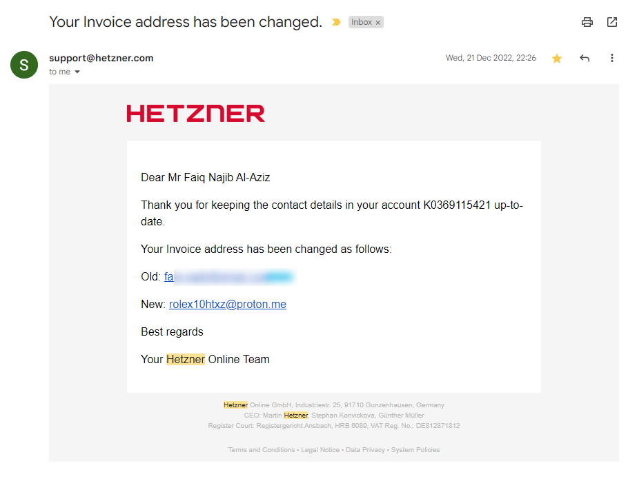 info about my hetzner account being hacked via email