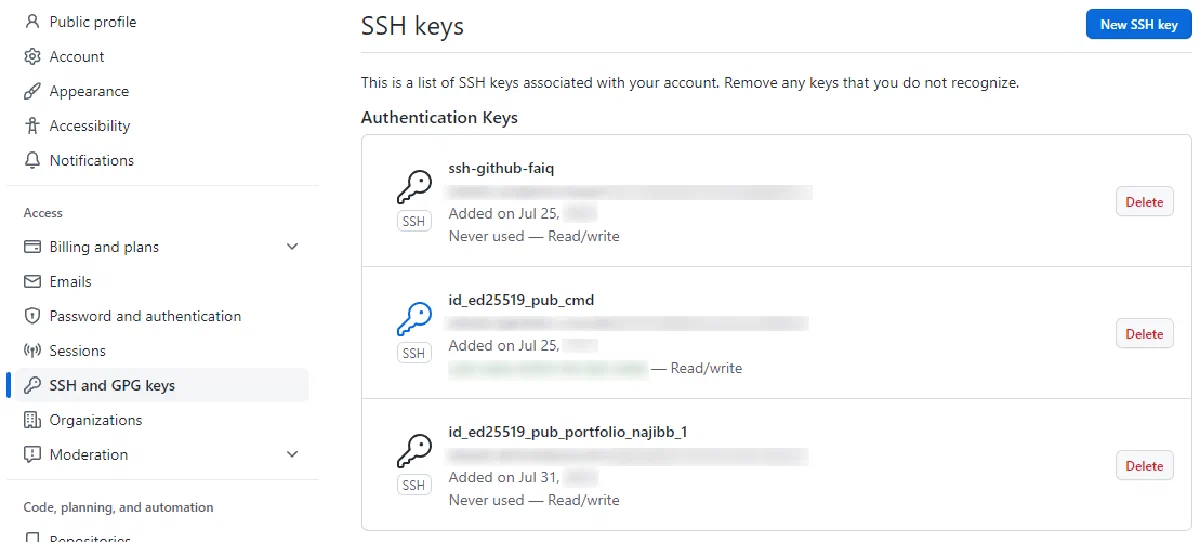 pengaturan kunci ssh pada akun GitHub